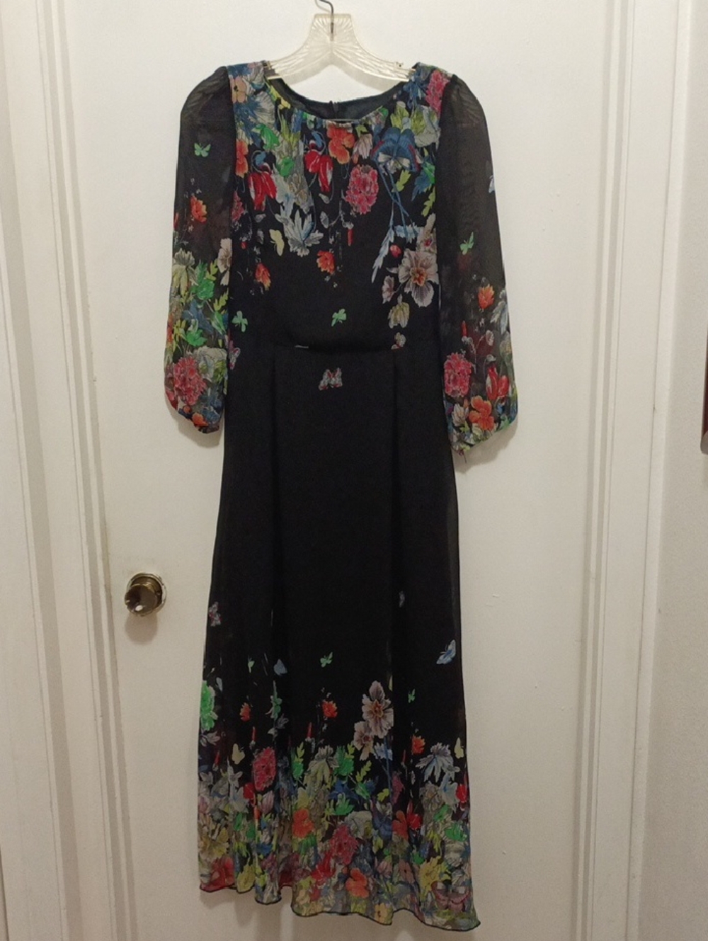 Elegant Black Floral Midi Dress with Sheer Sleeves. S